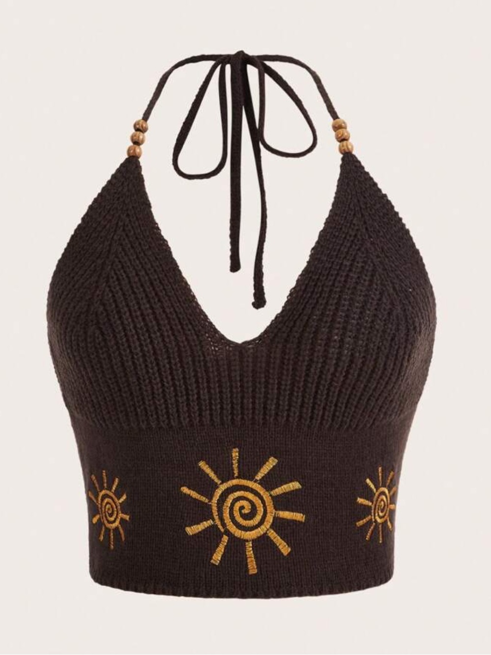 Indie Boho Festival Hippie Tropical Paradise Sun Pattern Brown Knit Halter Crop